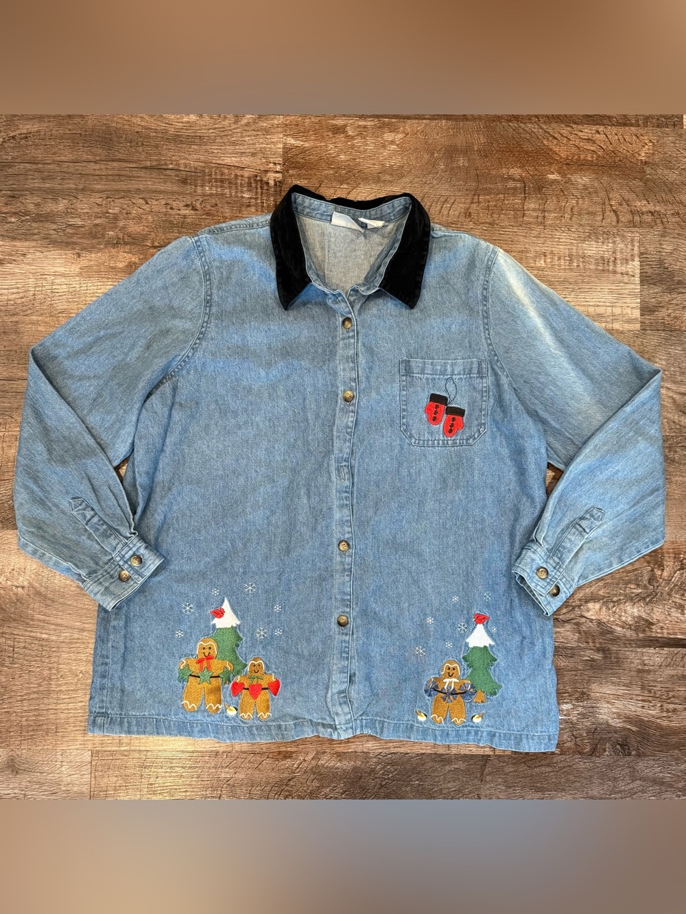 Blair Vintage Denim Button Down Jacket Christmas Gingerbread Embroidery XL Flaw